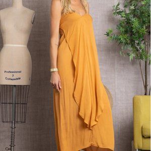 🧡ORANGE GOLD DEEP V-NECK RUFFLED MAXI DRESS